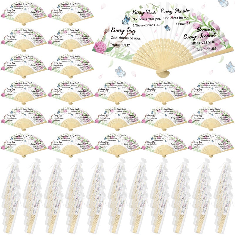 Beeveer 50 Pcs Christian Paper Hand Fans Foldable Church Bamboo Fans with Organza Bag for Bible Church Decorations GiftWhiteGod Thinks of You - Image 2