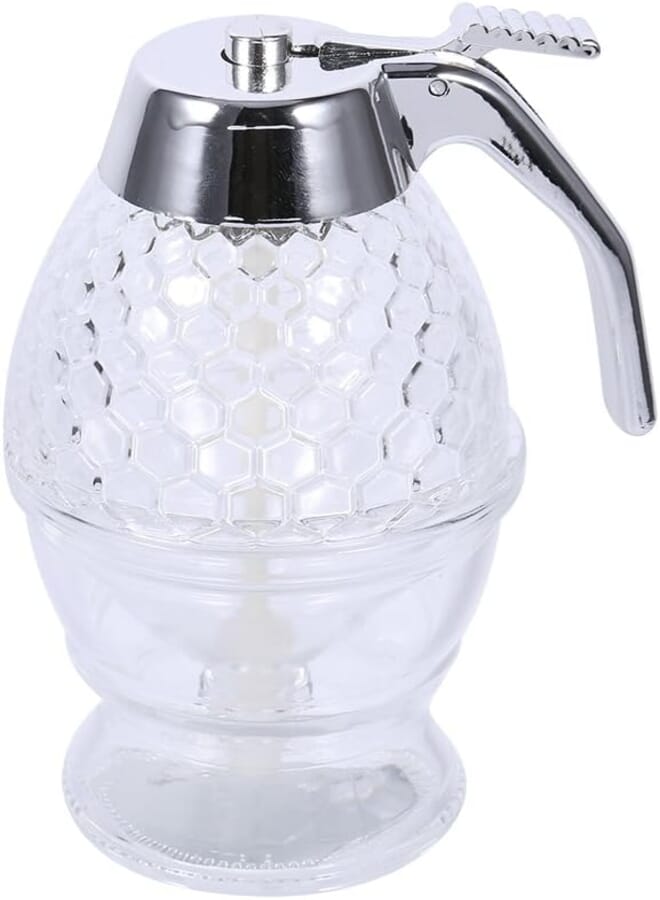 200ml/7oz Food Grade Honey Syrup Juice Dispenser with Handy Stopper Storage Stand Stainless Steel Handle Flip Lid Beehive Crystal Design