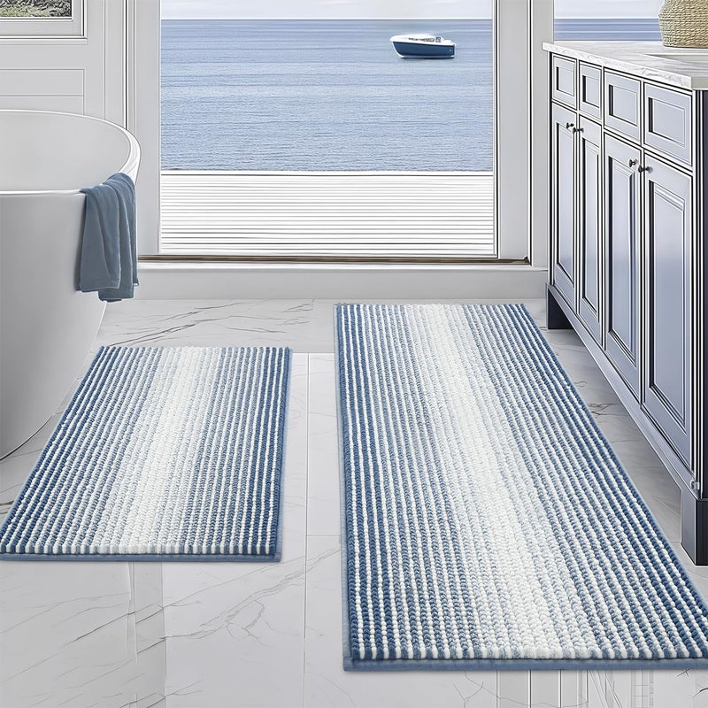 BSICPRO Bathroom Rugs and Mats Sets, 2 Piece Thick Absorbent Chenille Non Slip, Soft Shaggy Floor Mats, Machine Washable (Fog Blue, 20" x 47" Plus 16" x 24") - Image 1