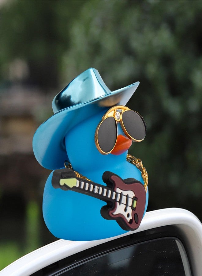 wonuu Car Decorations Laser Cowboy Hat Rubber Ducks, Dashboard Rubber Ducky for Car Ornament Cute Duck with Hat, Glasses, Necklace, Guitar (Pure Blue) - Image 3