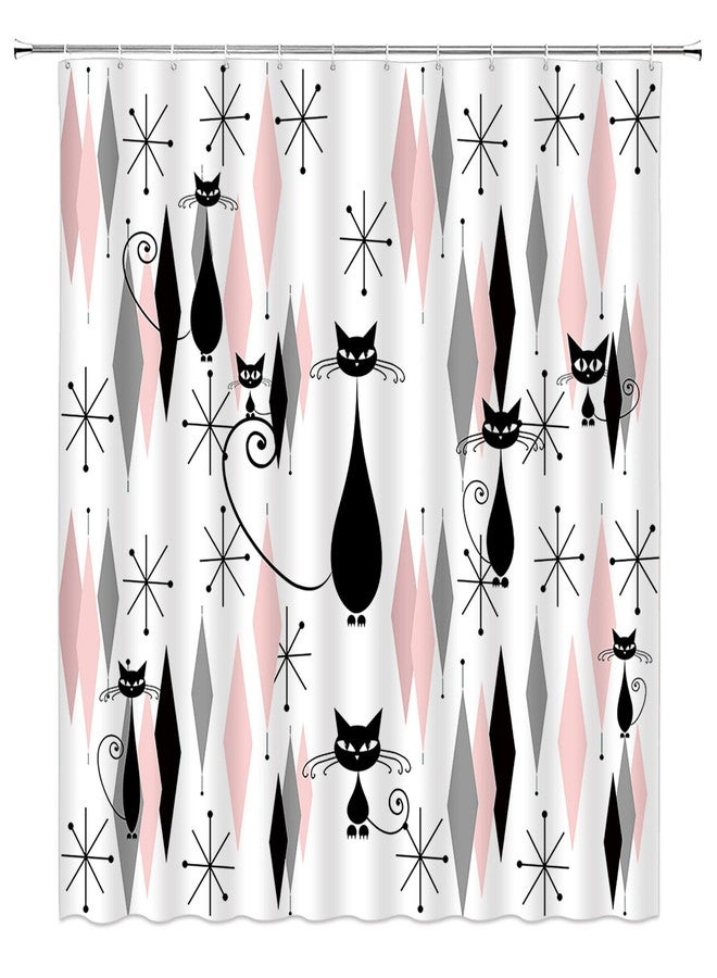 ABONAN Mid Century Black Cat Shower Curtain Atomic Cat Modern Abstract Geometric Iconic Pattern 1950s Vintage Funny Wall Hanging Tapestries Home Decor Wall Hanging Art Decor Living Room Bedroom Home - Image 1