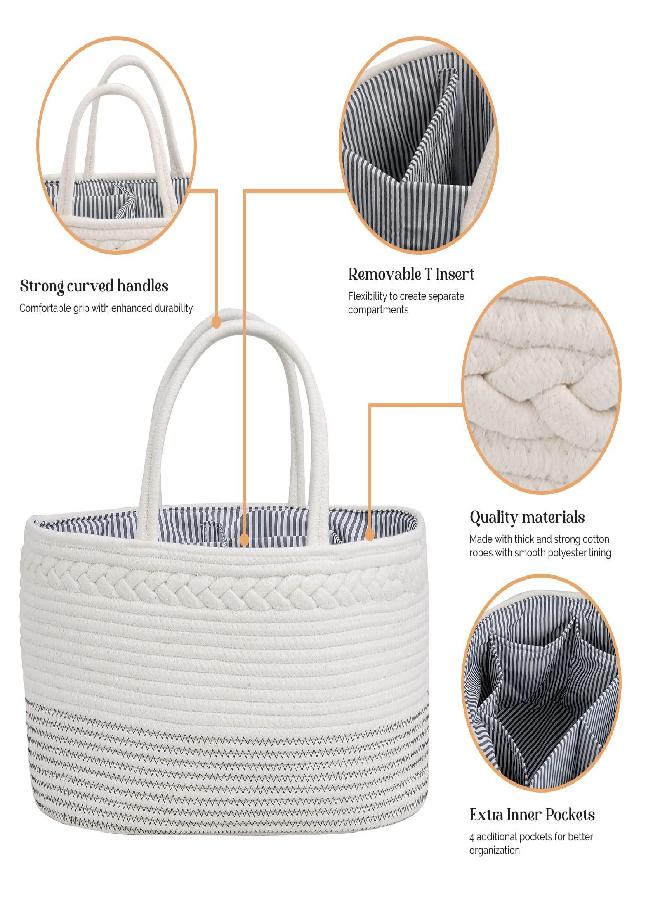 luxury little luxury little Diaper Caddy Organizer, Extra Large Cotton Rope Nursery Basket, Changing Table Organizer for Baby Diaper Storage, Portable Car Organizer with Removable Divider, Baby Shower Gifts - Image 3