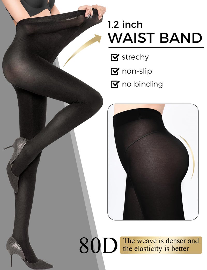 Buauty 80D Black Tights for Women,Control Top Opaque Tights,High Waist Soft Nylon Pantyhose(1 pair) - Image 2