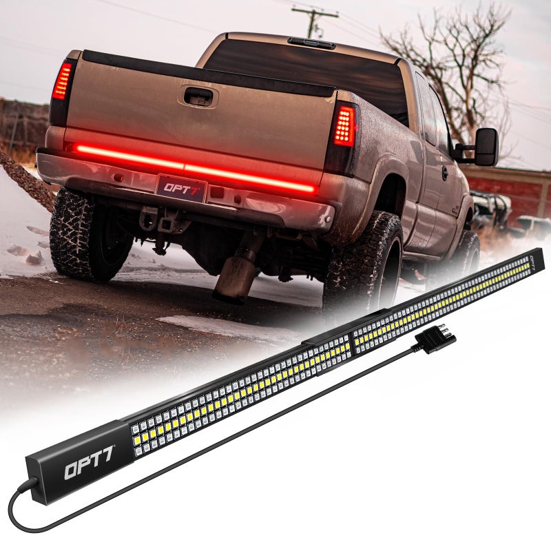 OPT7 Redline Parlux 60" Aluminum Truck Tailgate Light Bar w/Sequential Red Turn - Rigid 2-Section Triple Row LED Strip, Dynamic Taillight w/Ignition Sequence, Triple-Flash White Reverse, Red Running - Image 1