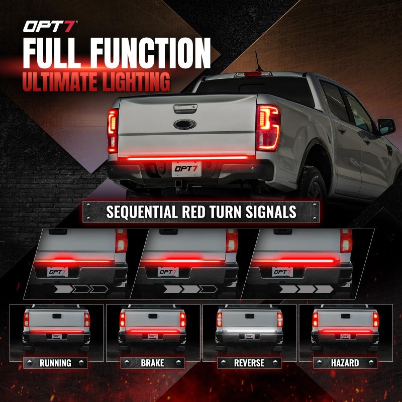 OPT7 Redline Parlux 60" Aluminum Truck Tailgate Light Bar w/Sequential Red Turn - Rigid 2-Section Triple Row LED Strip, Dynamic Taillight w/Ignition Sequence, Triple-Flash White Reverse, Red Running - Image 5