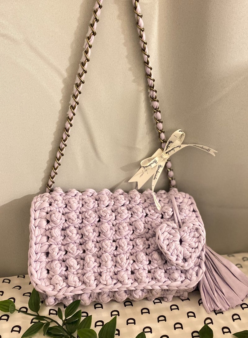 Braidise Creations Pastel Purple Bubble Stitch t-shirt yarn Sling bag with bronze chain strap  - Image 4