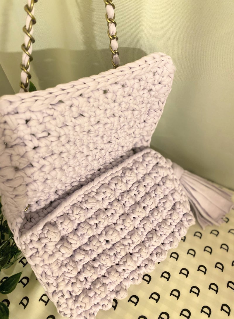 Braidise Creations Pastel Purple Bubble Stitch t-shirt yarn Sling bag with bronze chain strap  - Image 2