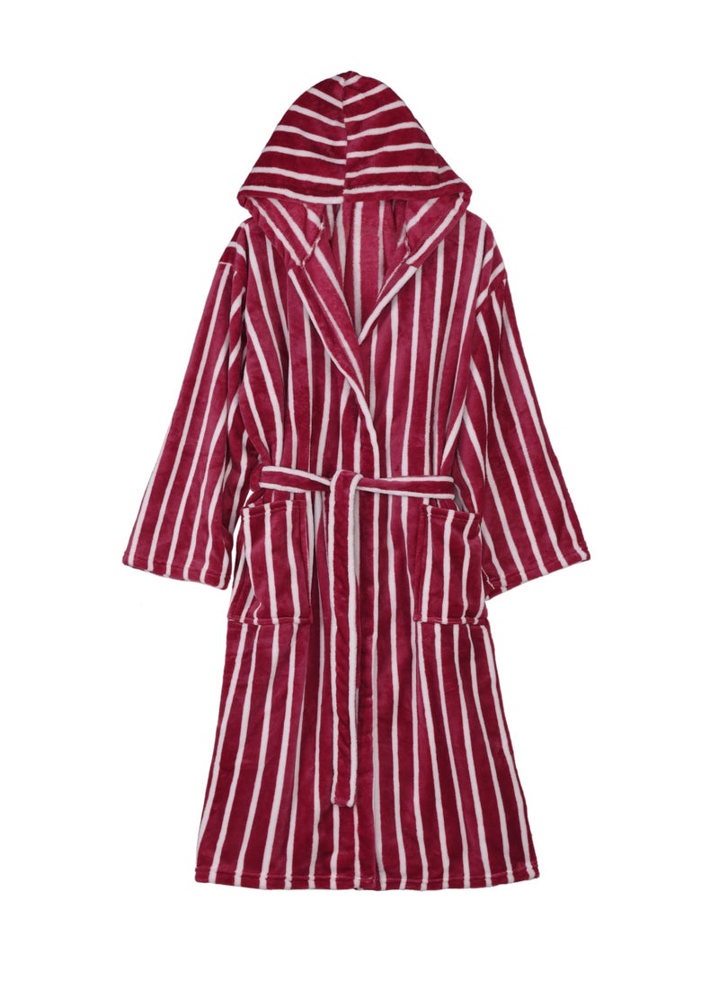 ايست من نون رداء حمام مخطط - 250 جرامًا للمتر المربع مصنوع من البوليستر الناعم بنسبة 100% للنساء - غطاء رأس وجيب - لون أحمر، مقاس كبير - Image 4