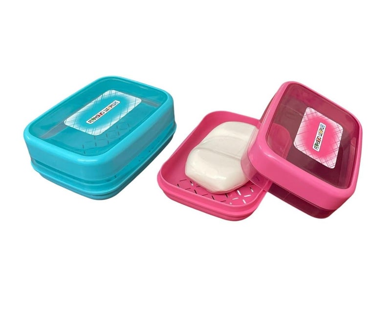 c s m CSM Plastic Self Drain Soap Case with Transparent Lid, Set of 2, Multicolour - Image 1