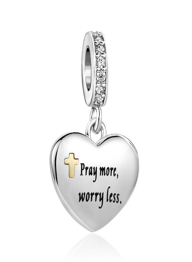MiiFort Bible Verses Heart Dangle Charm fits Pandora Charms Moments Bracelets Cross Religion Pray More Worry Less Matthew 6:34 Gold - Image 1