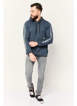 American Eagle Men Hooded Graphic Print Long Sleeve Hoodie, Heather Navy  - Image 3