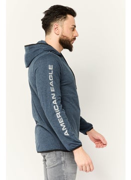 American Eagle Men Hooded Graphic Print Long Sleeve Hoodie, Heather Navy  - Image 2