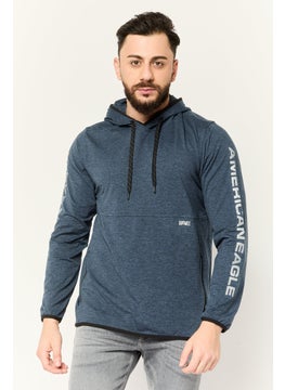 American Eagle Men Hooded Graphic Print Long Sleeve Hoodie, Heather Navy  - Image 1