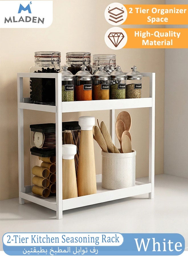 MLADEN 2-Tier Kitchen Seasoning Rack, Countertop Organizer, Coffee Counter Shelf Organizer, Kitchen Spice Jar Storage Rack Metal, Multifunctional Storage Rack, Storage Shelf for Bedrooms, Offices, Kitchen Counters, and Under Sinks (White) - Image 1