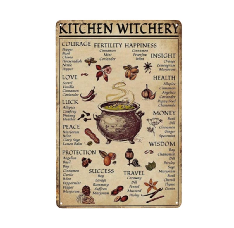 EMOHAT kitchen witchery Spice and Cooking Herbs Witchcraft Witch Fun World Education Science Classroom Infographic Funny Metal Tin Sign halloween Decorative School Farm Wall Decor 8x12 inch - Image 1