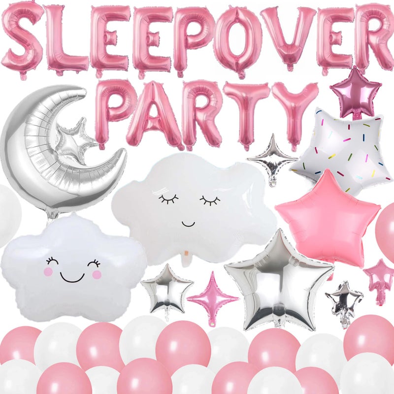 DUFACAI 47 Pieces Sleepover Party Decoration Pink Sleepover Birthday Party Balloons Banner Cute Moon Star for Girls Pajamas Slumber Night Out Party Decoration (Pink) - Image 1