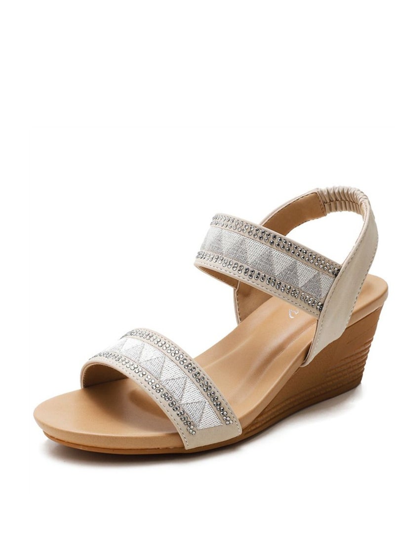 Loquat Casual Embroidery Wedge Heel Sandals 5CM Beige  - Image 1