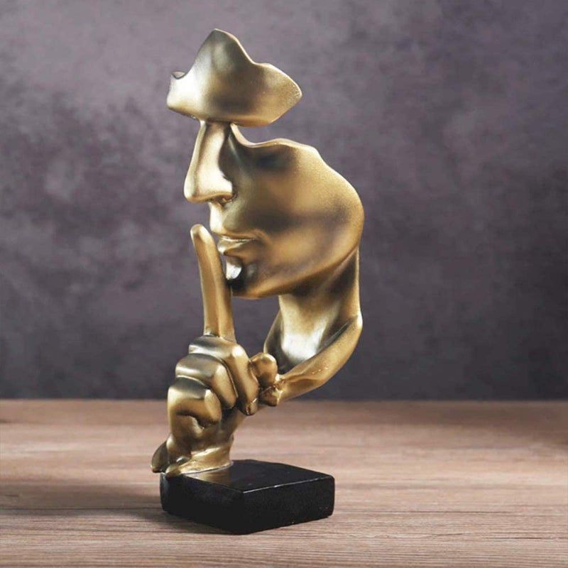 aboxoo Thinker Statue, Silence is Gold Abstract Art Figurine,Modern Home Resin Sculptures Decorative Objects,Table Top Decor for Livingroom Home Decor,Office Study Sculpture,Shh mask Statue(Gold) - Image 4