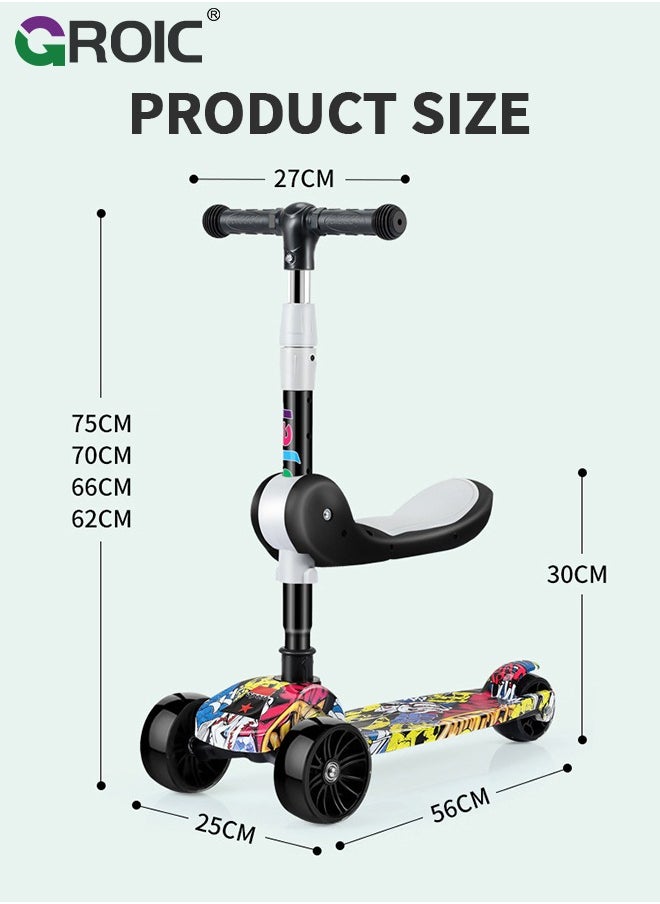 GROIC - 2-in-1 Kick Scooter 3 Wheel Toddler Scooter for Kids, Scooters with LED Light up Wheels and Music, Lean to Steer, Foldable, Adjustable Height & Removable Seat, Widened Non-Slip Deck - Image 1