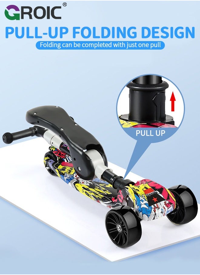 GROIC - 2-in-1 Kick Scooter 3 Wheel Toddler Scooter for Kids, Scooters with LED Light up Wheels and Music, Lean to Steer, Foldable, Adjustable Height & Removable Seat, Widened Non-Slip Deck - Image 1