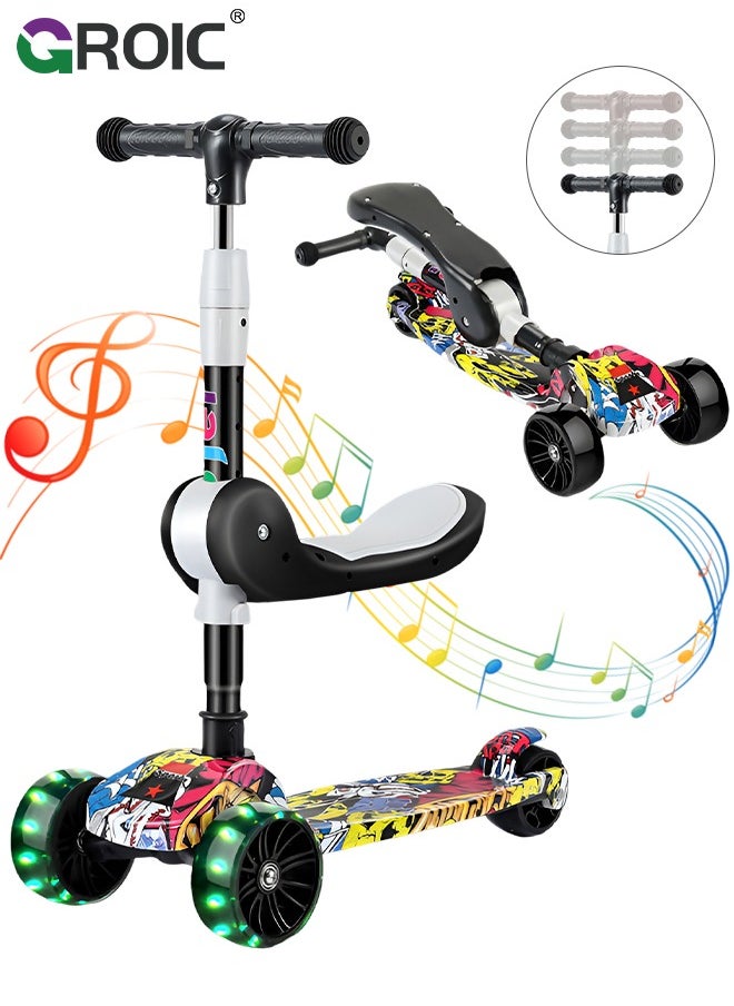 GROIC - 2-in-1 Kick Scooter 3 Wheel Toddler Scooter for Kids, Scooters with LED Light up Wheels and Music, Lean to Steer, Foldable, Adjustable Height & Removable Seat, Widened Non-Slip Deck - Image 1