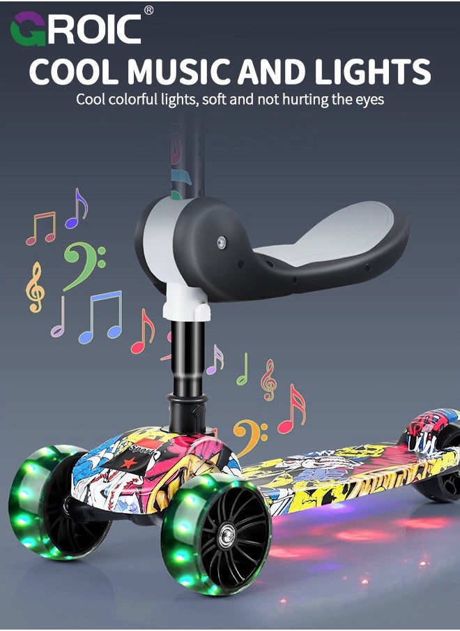GROIC - 2-in-1 Kick Scooter 3 Wheel Toddler Scooter for Kids, Scooters with LED Light up Wheels and Music, Lean to Steer, Foldable, Adjustable Height & Removable Seat, Widened Non-Slip Deck - Image 1