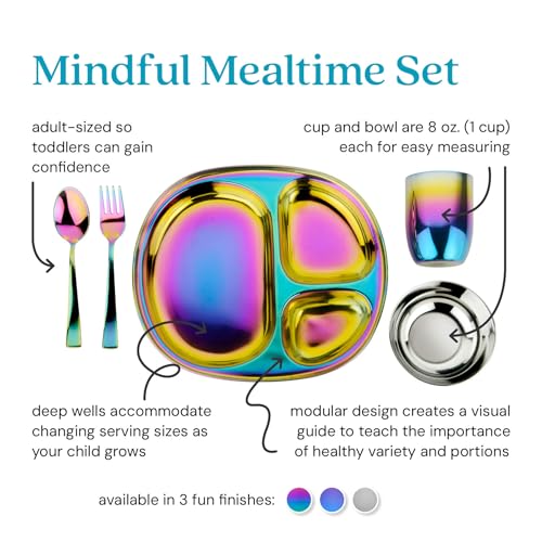 Ahimsa Stainless Steel Kids Dinnerware Set - 5 Piece Stainless Steel Toddler Plates and Bowls Set, Pediatrician Designed, Non Toxic Toddler Plate and Bowl, Kids Utensils and Cup (Rainbow) - Image 2