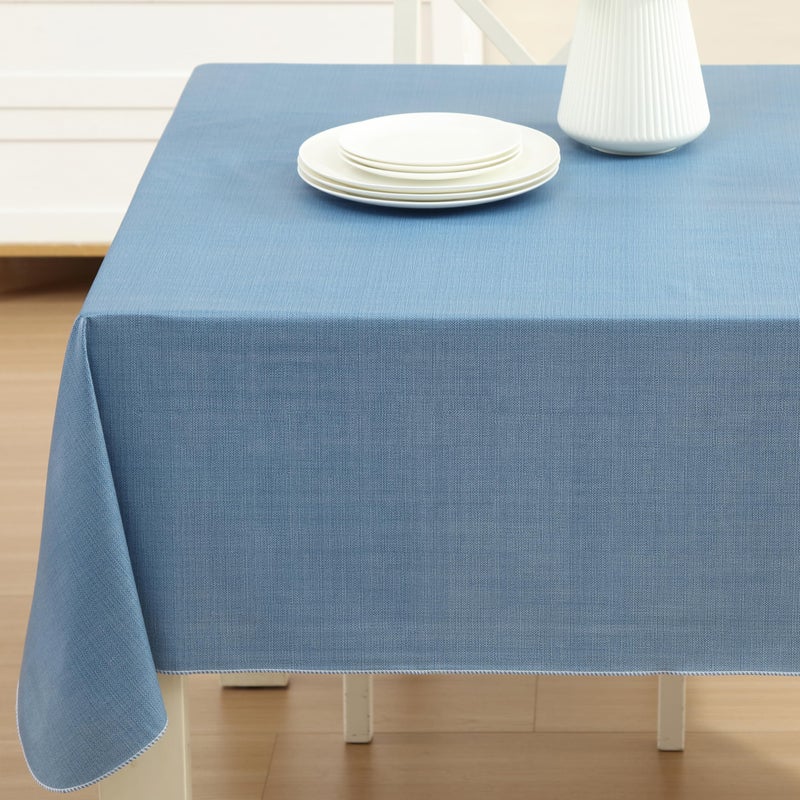 Lintex Cafe Hotel Linen Look Vinyl Flannel Backed Tablecloth Heavyweight 4 Gauge 60 x 120 Inch Rectangle Chambray Blue Indoor Outdoor Waterproof Wipe Clean Table Cover