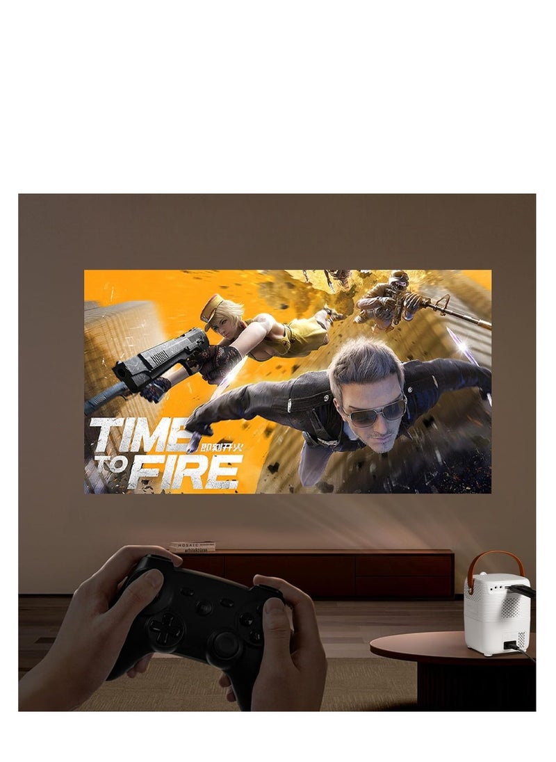 Wireless Bluetooth enabled Android projector with 2.4 5G WiFi, quadrangle trapezoid design and a projection distance ranging from 0.8 to 5 meters.