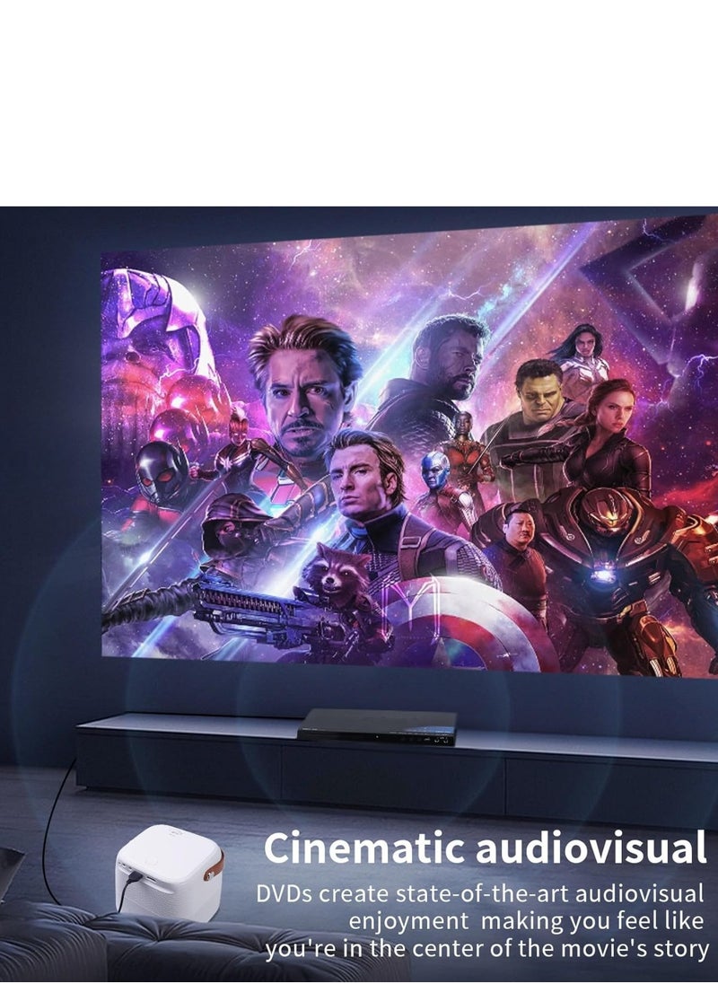 Wireless Bluetooth enabled Android projector with 2.4 5G WiFi, quadrangle trapezoid design and a projection distance ranging from 0.8 to 5 meters.