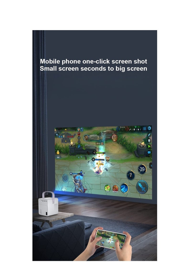 Wireless Bluetooth enabled Android projector with 2.4 5G WiFi, quadrangle trapezoid design and a projection distance ranging from 0.8 to 5 meters.