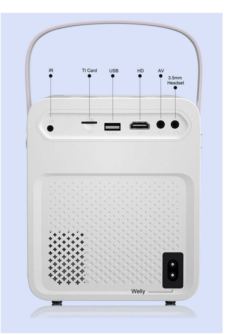 Wireless Bluetooth enabled Android projector with 2.4 5G WiFi, quadrangle trapezoid design and a projection distance ranging from 0.8 to 5 meters.