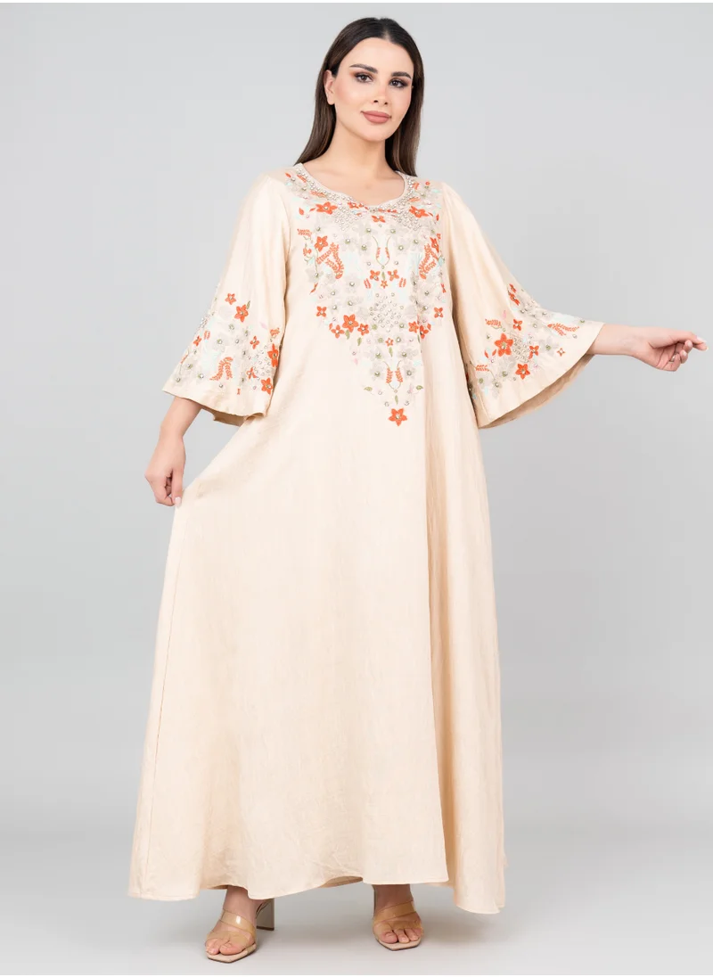 IKKXA Floral Majesty Embroidered Jalabiya IK3006 Beige