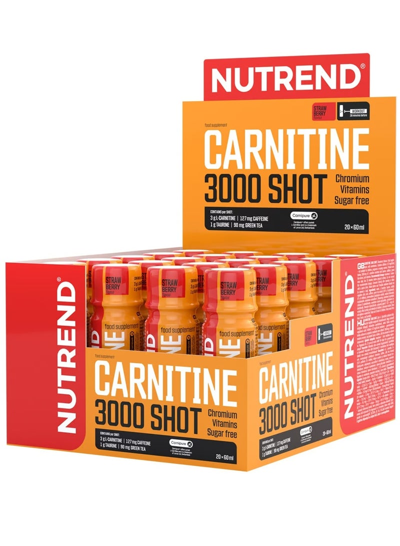 NUTREND Carnitine 3000 Shot, Strawberry, 20 x 60 ml – High Potency Pre-Workout Energy Booster  - Image 1