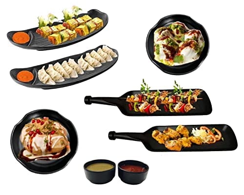 DECOR VIBES Melamine Serving Platter for French Fries, Paneer Tikka with 2 Bhalla Plate & 2 Dip Bowls Unbreakable Serving Dessert and Snacks Platters/Tray (Matt Black, Combo Pack of 8) - Image 1