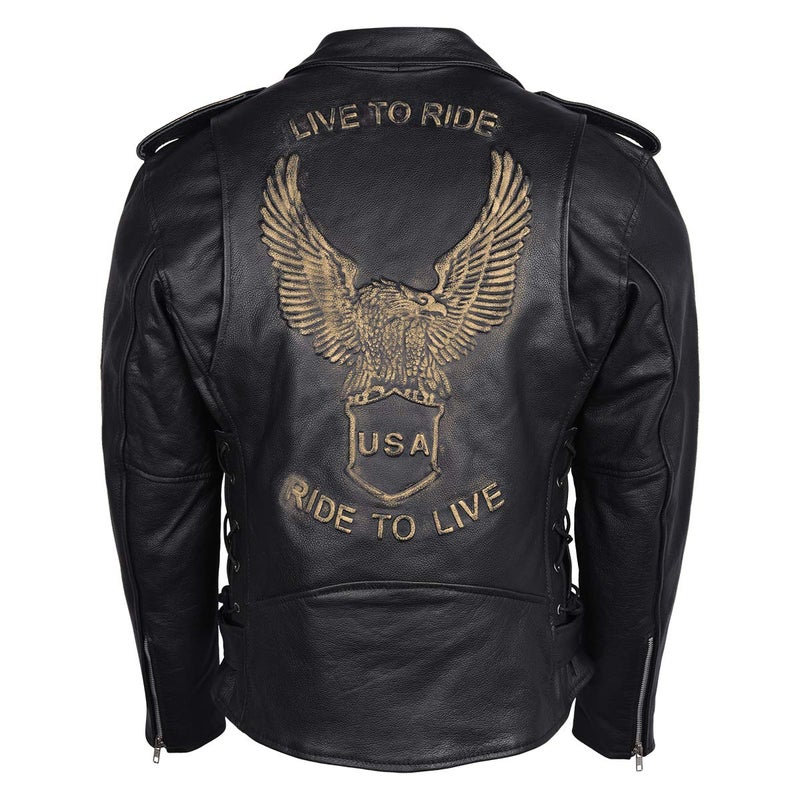 Mens Eagle Embossed Live To Ride Ride To Live Classic Black Leather Motorcycle Biker Jacket Medium Gold