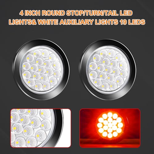 Wodvyss 2 PCS 4'' Round Red/White Led Trailer Tail Lights Kit, 4 Inch 19 LED Stop Brake Turn Backup Reverse Running Lamps for Truck Semi Trailer RV Jeep, w/Grommets, 3-Prong Wire Pigtails - Image 4