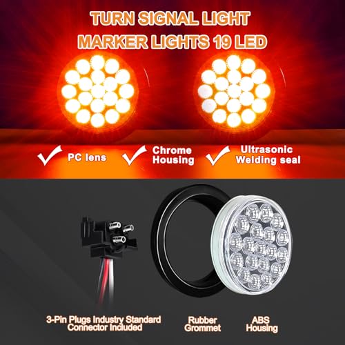 Wodvyss 2 PCS 4'' Round Red/White Led Trailer Tail Lights Kit, 4 Inch 19 LED Stop Brake Turn Backup Reverse Running Lamps for Truck Semi Trailer RV Jeep, w/Grommets, 3-Prong Wire Pigtails - Image 3