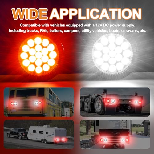 Wodvyss 2 PCS 4'' Round Red/White Led Trailer Tail Lights Kit, 4 Inch 19 LED Stop Brake Turn Backup Reverse Running Lamps for Truck Semi Trailer RV Jeep, w/Grommets, 3-Prong Wire Pigtails - Image 5