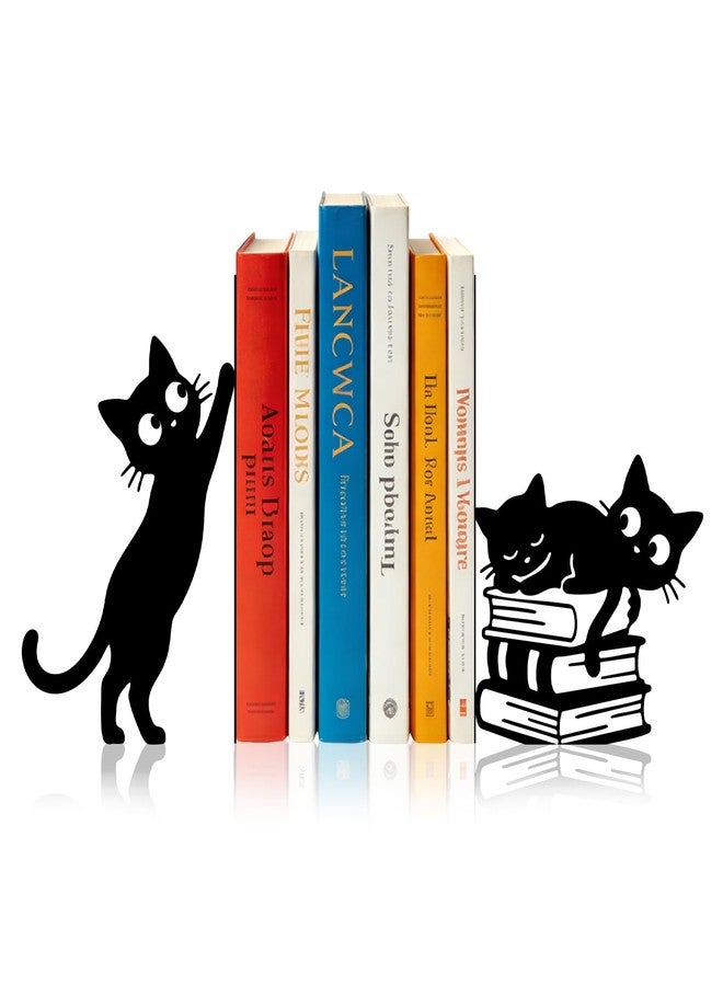 Sanwarm Metal Bookends Cat Black Whimsical Book Ends Decorative Bookend for Home Office Library Desk Book Shelves Decor, Gift for Reading Enthusiasts Non-Skid Book Stoppers Holder (1 Pair) - Image 1