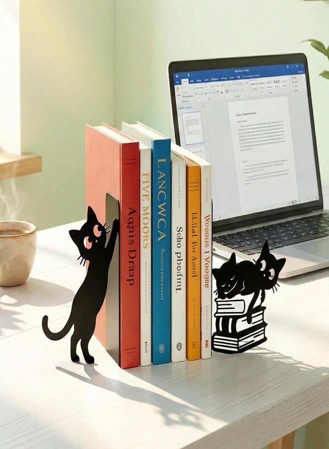 Sanwarm Metal Bookends Cat Black Whimsical Book Ends Decorative Bookend for Home Office Library Desk Book Shelves Decor, Gift for Reading Enthusiasts Non-Skid Book Stoppers Holder (1 Pair) - Image 5