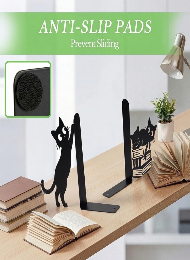 Sanwarm Metal Bookends Cat Black Whimsical Book Ends Decorative Bookend for Home Office Library Desk Book Shelves Decor, Gift for Reading Enthusiasts Non-Skid Book Stoppers Holder (1 Pair) - Image 3