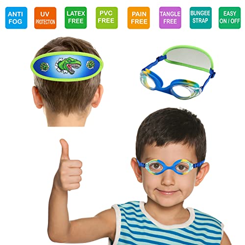 RUIGAO Kids Swim Goggles Age 2-6, Toddler Goggles No Hair Pull,UV Protection/Anti Fog/Padded HeadBand (1PK Kids - Green Dino) - Image 2