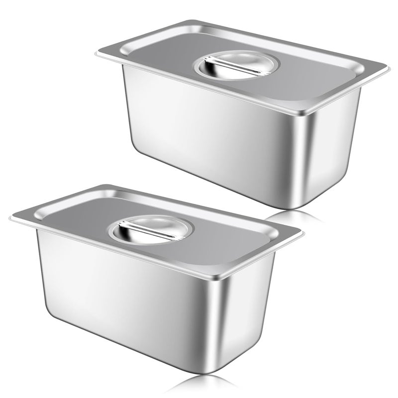 tchrules 2 Pack Hotel Pan With Lids, Steam Table Pans 1/3 Size x 6 Inch Deep, Commercial Stainless Steel Pan, Restaurant Steam Table Pans - Image 1