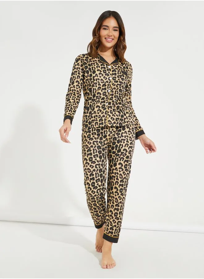 Styli Contrast Leopard Print Button Front Shirt & Pyjama Set