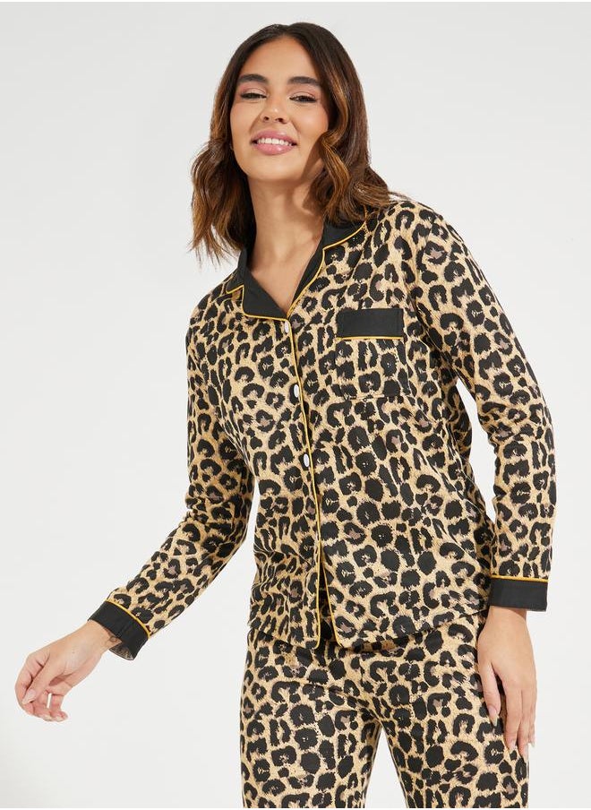 Take Two Contrast Leopard Print Button Front Shirt & Pyjama Set  - Image 3