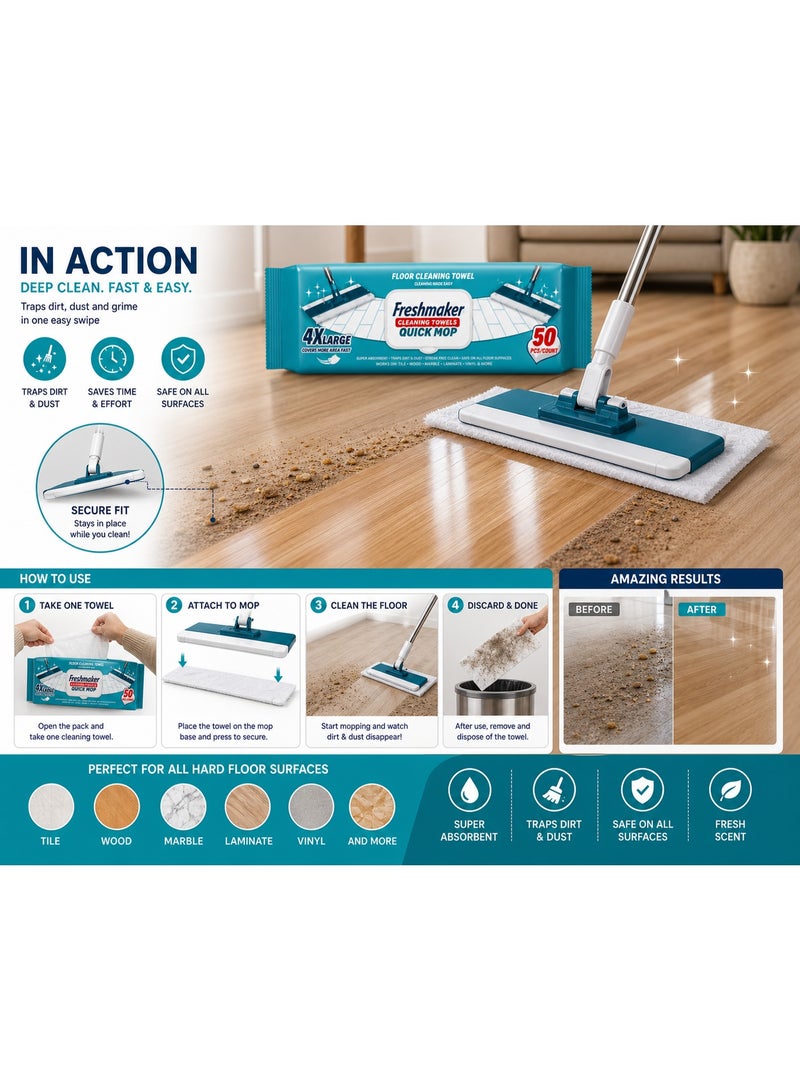 Freshmaker Floor Cleaning Wipes Set of 3, 4XL Large Disposable Mop Pads, 100 Sheets Total, Quick Mop Refills for Multi-Surface Cleaning - Image 2