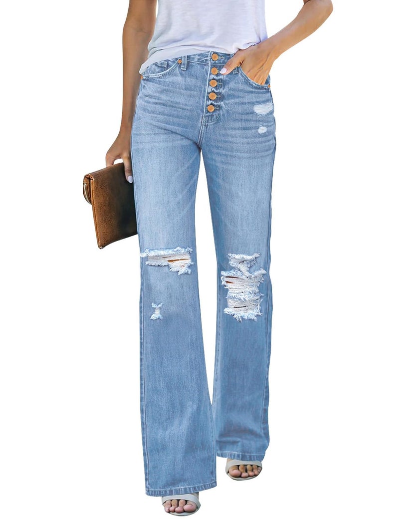 LookbookStore Womens Casual Denim Pants High Waisted Wide Leg Jeans Button Fly Fall Attire for Women Clothes Trendy Cool Blue Size Medium Fits 8 / 10 M Cool Blue - Image 1