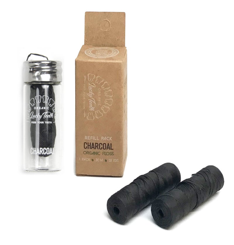 Organic Bamboo Fibre with Activated Charcoal Floss in Glass jar REFILLS with Tea Tree and Peppermint essential oils 90 m 99 yds total by Lucky Teeth 12 Pack