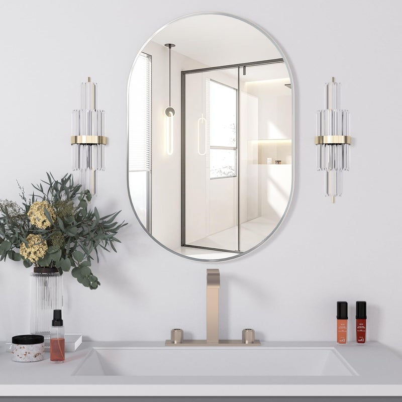 NEUWEABY Oval Bathroom Mirror Wall Vanity Oval Mirrors, 20"x30" Silver Bathroom Mirrors for Over Sink Pill Mirrors Capsule Wall Mounted Mirror, Modern Mirror with Metal Frame for Wall Decor - Image 1